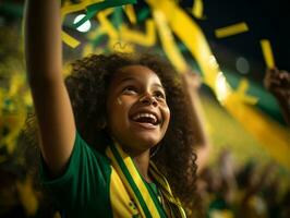 Brazilian kid celebrates his soccer teams victory AI Generative photo