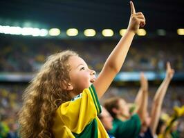 Brazilian kid celebrates his soccer teams victory AI Generative photo