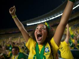 Brazilian kid celebrates his soccer teams victory AI Generative photo