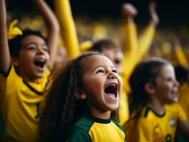 brasileño niño celebra su fútbol equipos victoria ai generativo foto