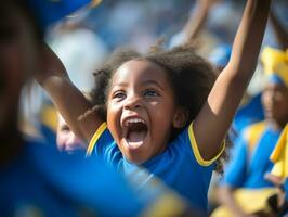 brasileño niño celebra su fútbol equipos victoria ai generativo foto