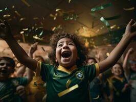 brasileño niño celebra su fútbol equipos victoria ai generativo foto