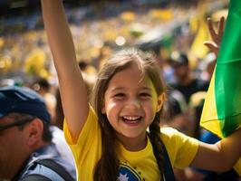 Brazilian kid celebrates his soccer teams victory AI Generative photo