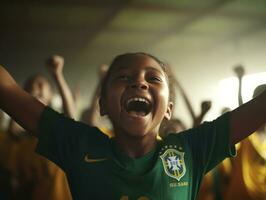 brasileño niño celebra su fútbol equipos victoria ai generativo foto