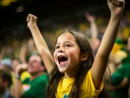 brasileño niño celebra su fútbol equipos victoria ai generativo foto