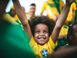 brasileño niño celebra su fútbol equipos victoria ai generativo foto