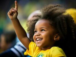 brasileño niño celebra su fútbol equipos victoria ai generativo foto