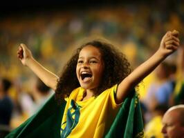 Brazilian kid celebrates his soccer teams victory AI Generative photo