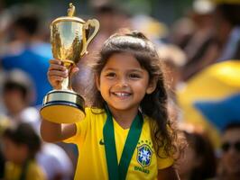 brasileño niño celebra su fútbol equipos victoria ai generativo foto