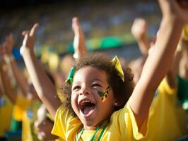 brasileño niño celebra su fútbol equipos victoria ai generativo foto