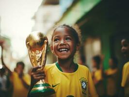 Brazilian kid celebrates his soccer teams victory AI Generative photo