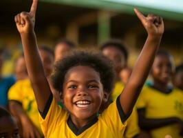 Brazilian kid celebrates his soccer teams victory AI Generative photo