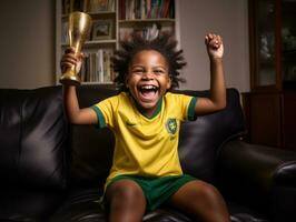 brasileño niño celebra su fútbol equipos victoria ai generativo foto