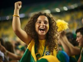 brasileño niño celebra su fútbol equipos victoria ai generativo foto