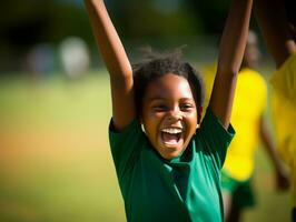 brasileño niño celebra su fútbol equipos victoria ai generativo foto