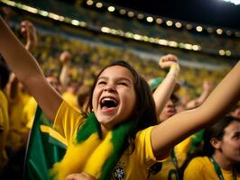 Brazilian kid celebrates his soccer teams victory AI Generative photo