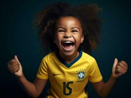 brasileño niño celebra su fútbol equipos victoria ai generativo foto