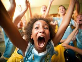 Brazilian kid celebrates his soccer teams victory AI Generative photo