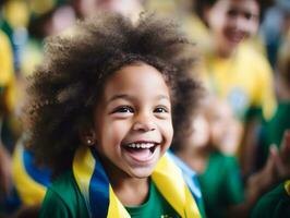 Brazilian kid celebrates his soccer teams victory AI Generative photo