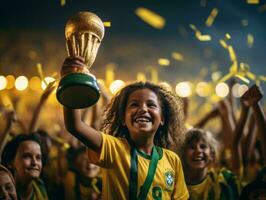 brasileño niño celebra su fútbol equipos victoria ai generativo foto