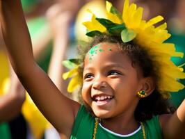 Brazilian kid celebrates his soccer teams victory AI Generative photo