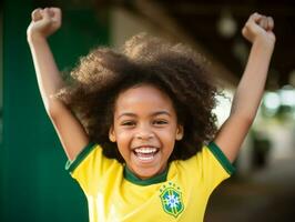 Brazilian kid celebrates his soccer teams victory AI Generative photo