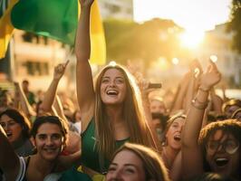 Brazilian kid celebrates his soccer teams victory AI Generative photo