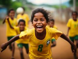 brasileño niño celebra su fútbol equipos victoria ai generativo foto