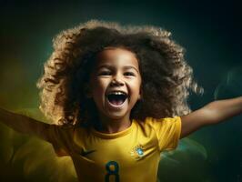 brasileño niño celebra su fútbol equipos victoria ai generativo foto