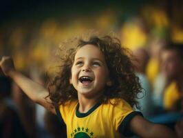 brasileño niño celebra su fútbol equipos victoria ai generativo foto