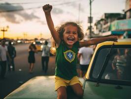 Brazilian kid celebrates his soccer teams victory AI Generative photo