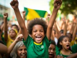 brasileño niño celebra su fútbol equipos victoria ai generativo foto