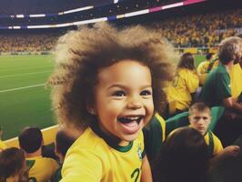 brasileño niño celebra su fútbol equipos victoria ai generativo foto