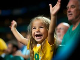 Brazilian kid celebrates his soccer teams victory AI Generative photo