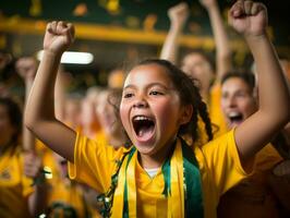 Brazilian kid celebrates his soccer teams victory AI Generative photo