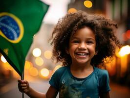 brasileño niño celebra su fútbol equipos victoria ai generativo foto