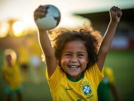 brasileño niño celebra su fútbol equipos victoria ai generativo foto