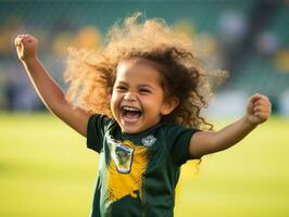 brasileño niño celebra su fútbol equipos victoria ai generativo foto