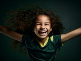 Brazilian kid celebrates his soccer teams victory AI Generative photo