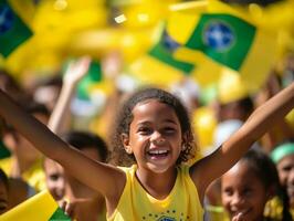 brasileño niño celebra su fútbol equipos victoria ai generativo foto