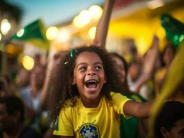 Brazilian kid celebrates his soccer teams victory AI Generative photo