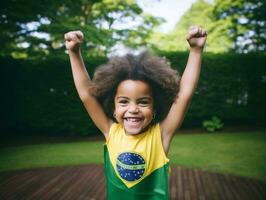 brasileño niño celebra su fútbol equipos victoria ai generativo foto