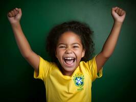 brasileño niño celebra su fútbol equipos victoria ai generativo foto