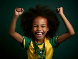 brasileño niño celebra su fútbol equipos victoria ai generativo foto
