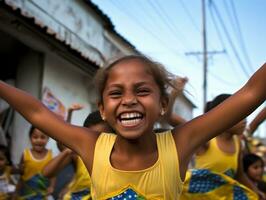 brasileño niño celebra su fútbol equipos victoria ai generativo foto