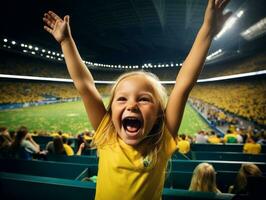 brasileño niño celebra su fútbol equipos victoria ai generativo foto