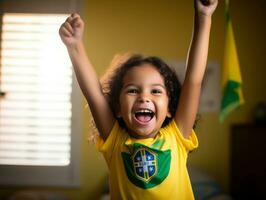 brasileño niño celebra su fútbol equipos victoria ai generativo foto