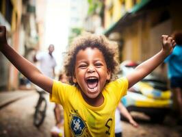 brasileño niño celebra su fútbol equipos victoria ai generativo foto