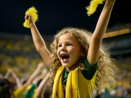 brasileño niño celebra su fútbol equipos victoria ai generativo foto