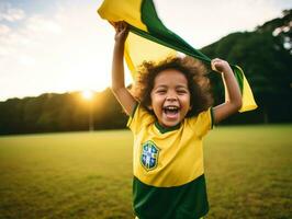 brasileño niño celebra su fútbol equipos victoria ai generativo foto